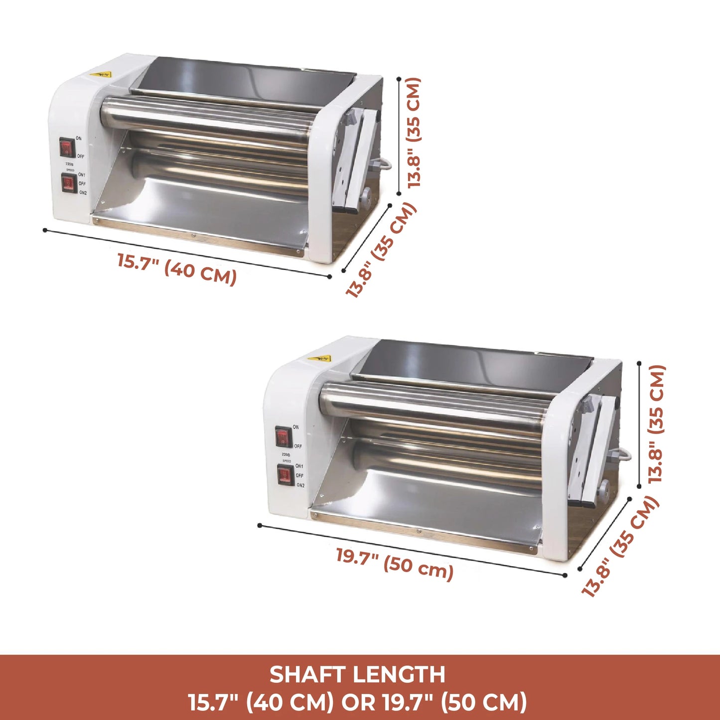 Measurement chart of a dough roller machine with dimensions labeled.