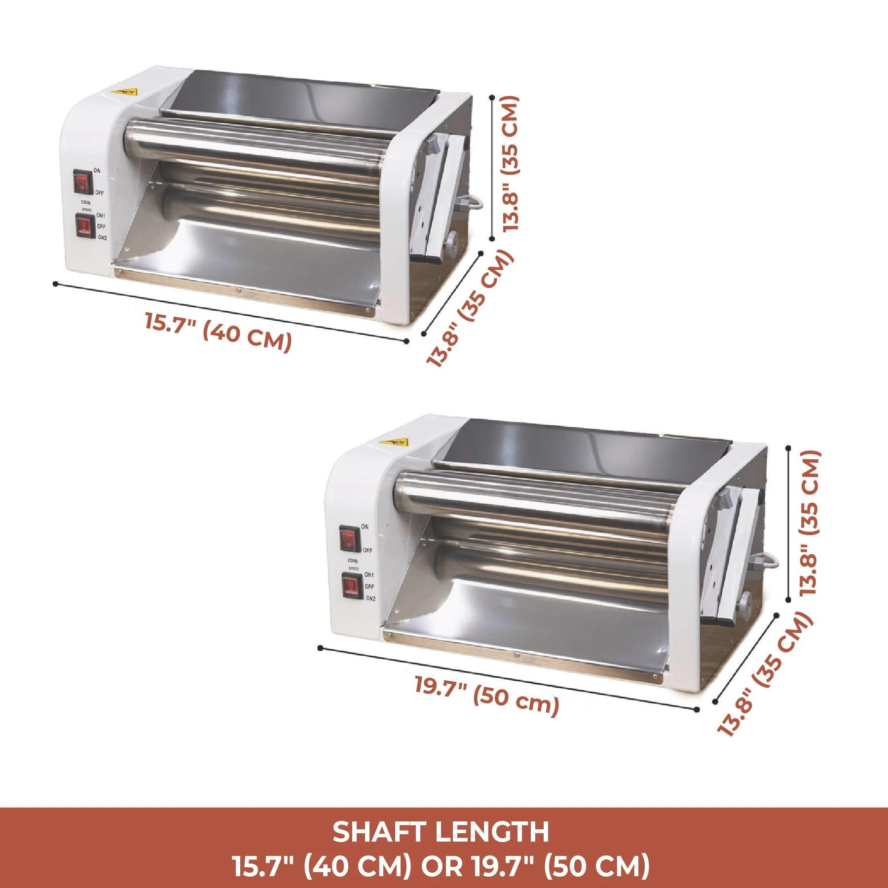 Measurement chart of a dough roller machine with dimensions labeled.