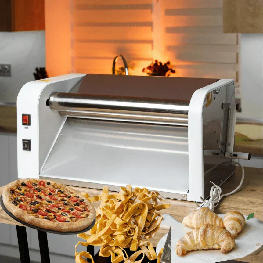 Electric dough sheeter machine on kitchen countertop with pizza and bakery dough examples