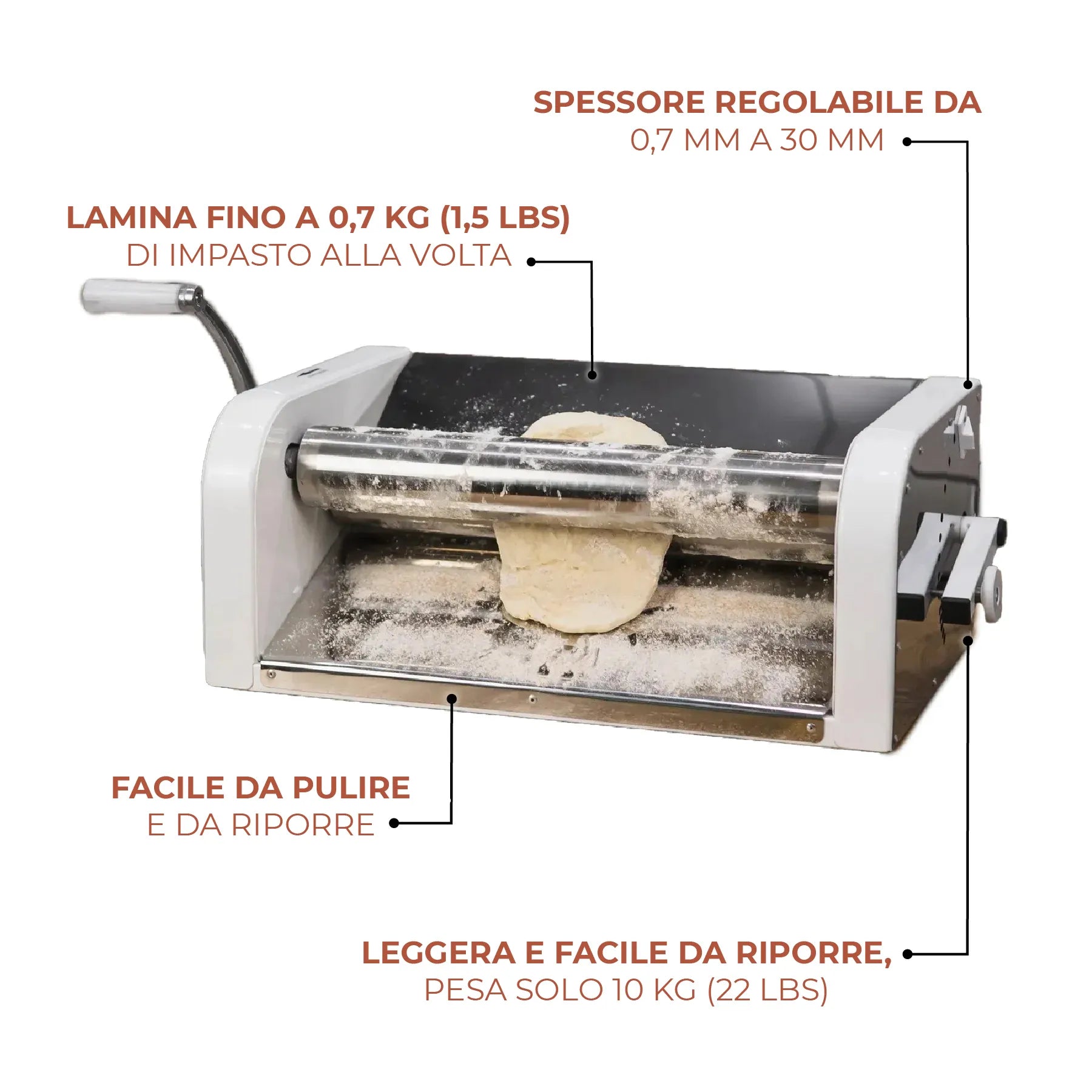 Sfogliatrice manuale per impasto con spessore regolabile da 0,7 a 30 mm, lavora fino a 0,7 kg di impasto ed è facile da pulire e riporre