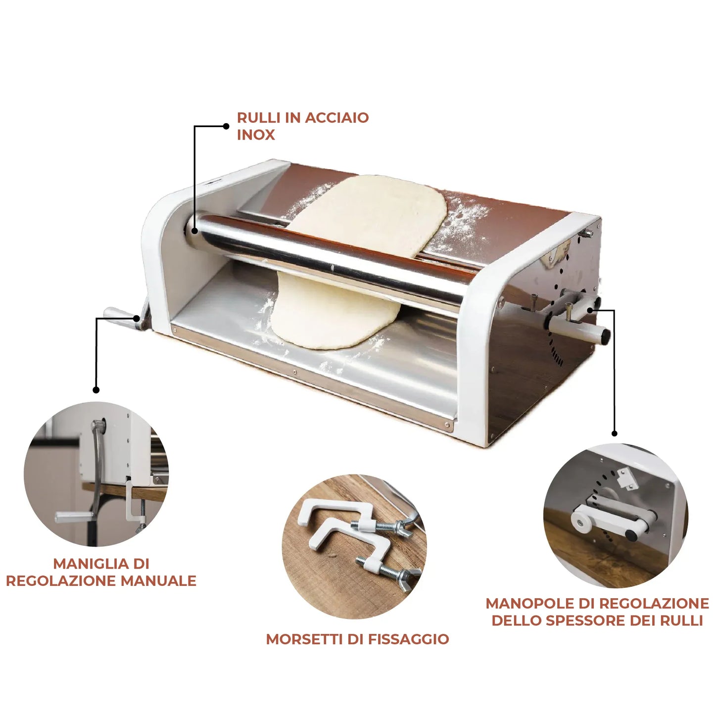 Sfogliatrice manuale per impasto con rulli in acciaio inox, regolazione manuale dello spessore e sistema di fissaggio da banco