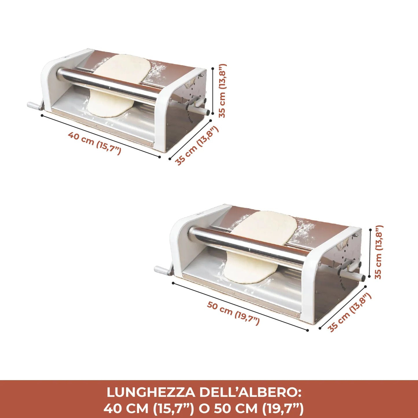 Sfogliatrice manuale per impasto disponibile con larghezza rulli da 40 cm (15,7”) e 50 cm (19,7”), design compatto da banco