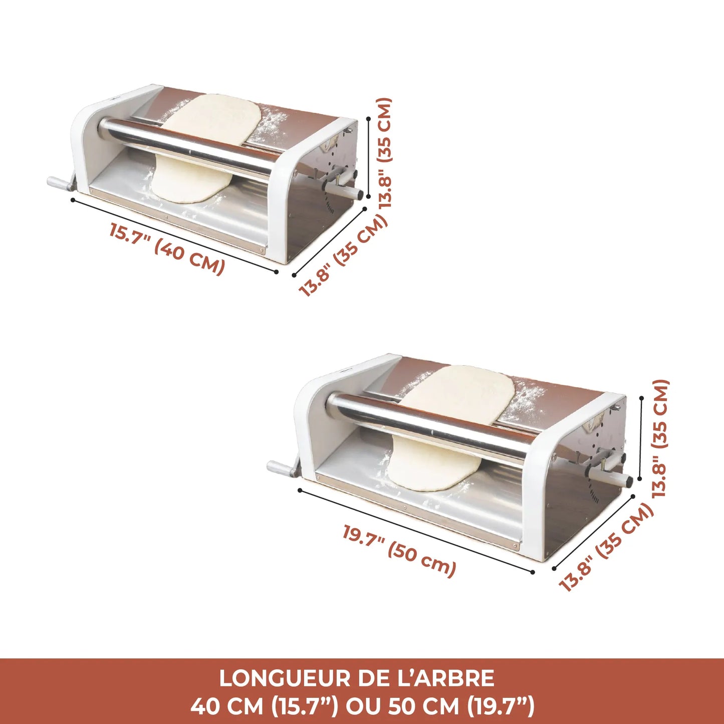 Dimensions du laminoir à pâte DoughRollerMachine : options de rouleaux 40 cm et 50 cm