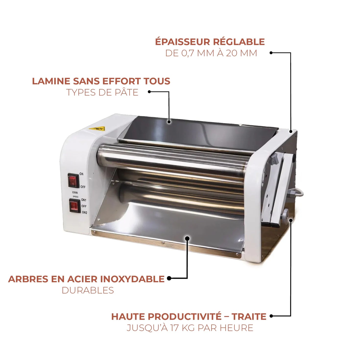 Laminoir à pâte électrique DoughRollerMachine avec épaisseur réglable, rouleaux inox et haute productivité