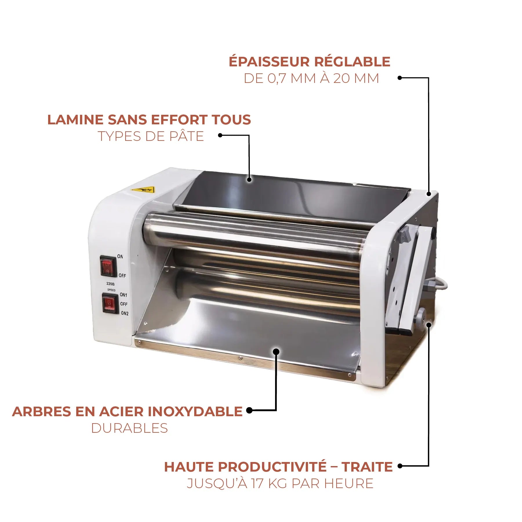 Laminoir à pâte électrique DoughRollerMachine avec épaisseur réglable, rouleaux inox et haute productivité