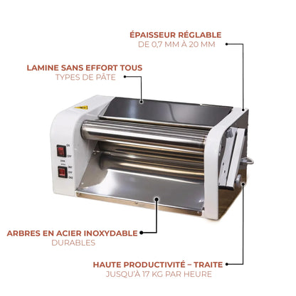 Laminoir à pâte électrique DoughRollerMachine avec épaisseur réglable, rouleaux inox et haute productivité