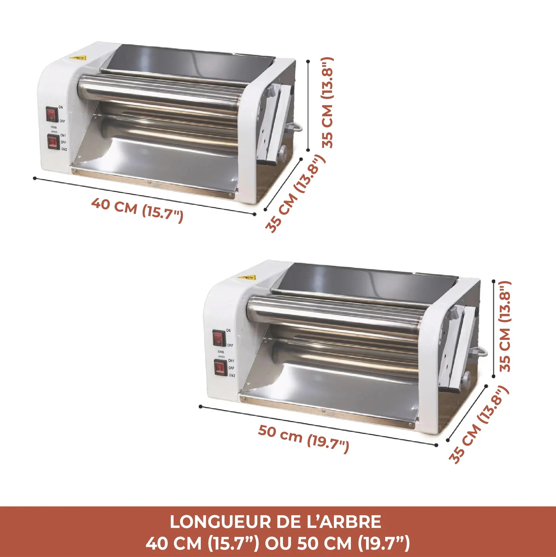 Comparatif des tailles de laminoir à pâte électrique DoughRollerMachine : rouleaux 40 cm et 50 cm