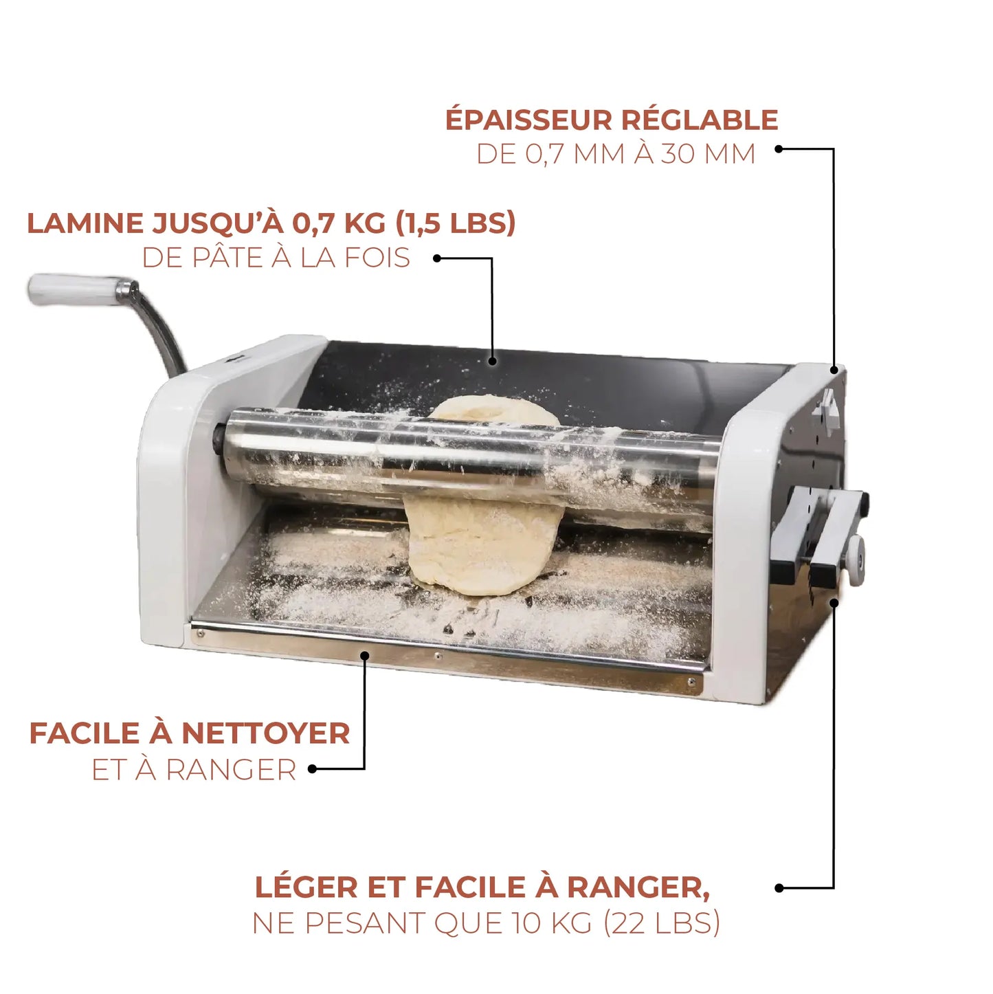 Laminoir à pâte DoughRollerMachine avec épaisseur réglable, facile à nettoyer et à ranger