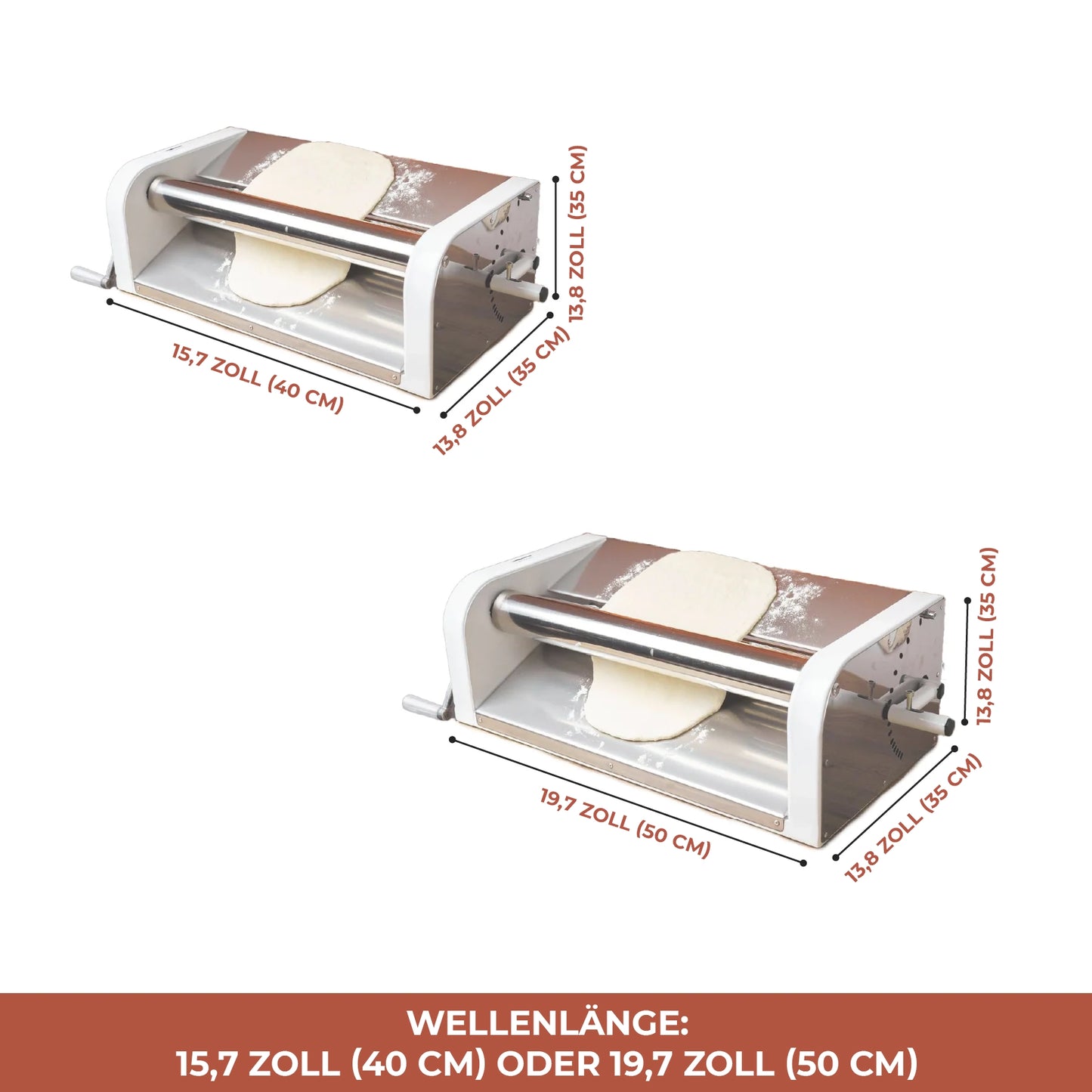 Abmessungen der Teigausrollmaschine – Modell 40 cm und 50 cm Walzenbreite
