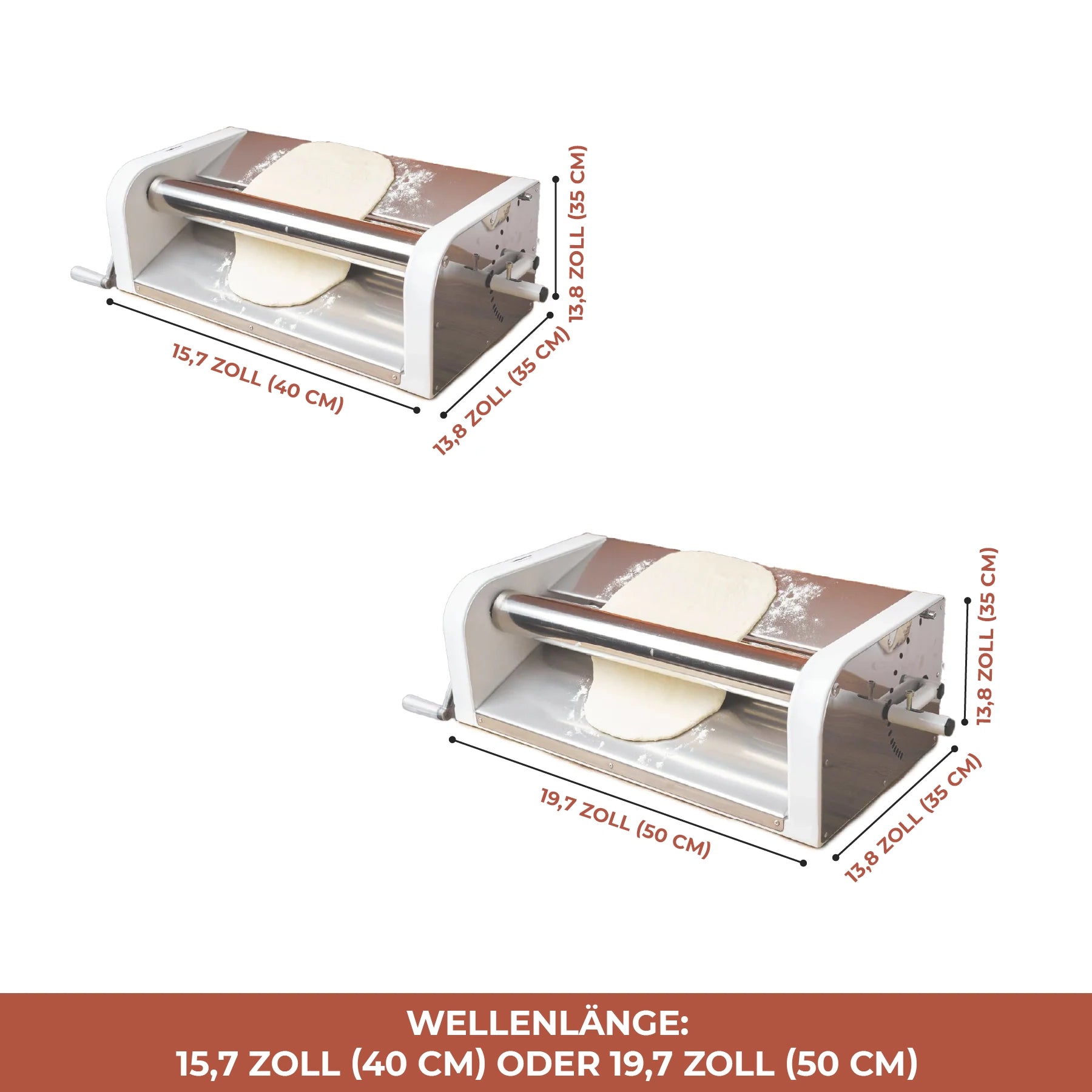 Abmessungen der Teigausrollmaschine – Modell 40 cm und 50 cm Walzenbreite