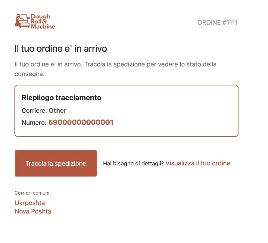 Order tracking page for a dough roller machine with tracking number and branding.